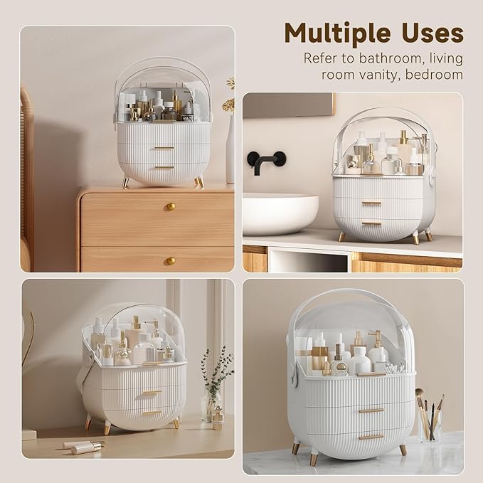BTGGG Makeup Organizers, Make Up Organizer for Vanity, Countertop Cosmetic Storage with Drawers and Transparent Cover for Bedroom Bathroom, White