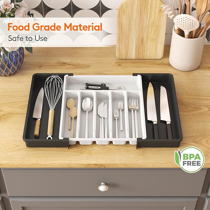 Lifewit Silverware Drawer Organizer, Expandable Utensil Tray for Kitchen, BPA Free Flatware and Cutlery Holder, Adjustable Plastic Storage for Spoons Forks Knives, 13-22 x 15", White&Black
