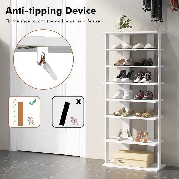 COSTWAY 7 Tiers Shoe Rack, Double Rows Vertical Tall Narrow Patented Shoe Organizer, Free Standing Shoe Rack for Small Space, Entryway, Closet, Living Room, Bedroom (White)