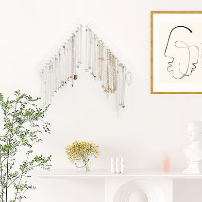 Acrylic Necklace Holder 4 Pack Wall Mounted Necklace Organizer Hanging Jewelry Organizer with 17 Hooks for Necklaces, Bracelets, Rings and Bangles Display (14.17 inch)