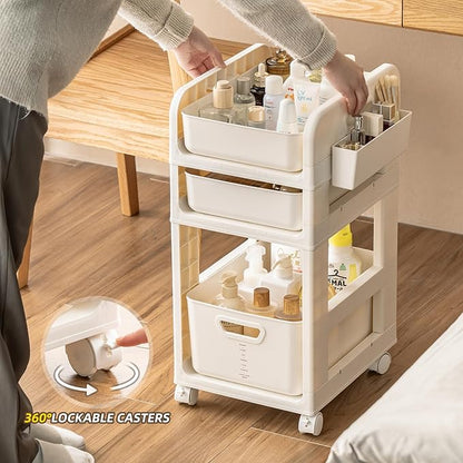 Rolling Makeup Organizer Cart with Removable Drawer, 3 Tier Stable White Floor Skincare Storage Cart for Vanity, Cosmetic Display, Nail Polish, Perfume, Hair Stuff, Beauty, Bathroom (3 Tier White)