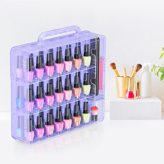 Beloving 2pcs Nail Polish Organizer, Portable 48 Bottles Clear Nail Polish Holder with Adjustable Divider, Gel Nail Polish Storage Double Side Nail Polish Organizer Case for Nail Tech Purple