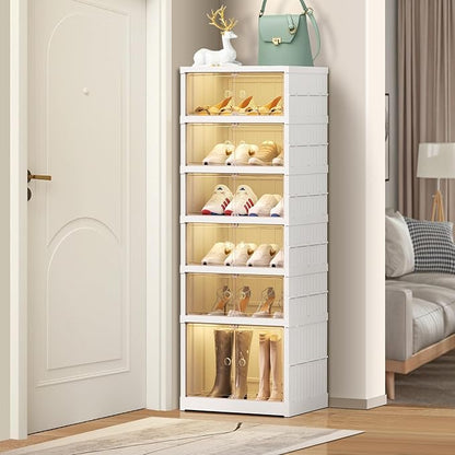 EHAMILY 6 Tier Foldable Shoe Rack Organizer for Closet 6-12Pairs Plastic Collapsible Shoe Racks Shelf Stackable Clear Folding Shoes Storage boxes for Small Spaces Narrow Shoe Storage Cabinet