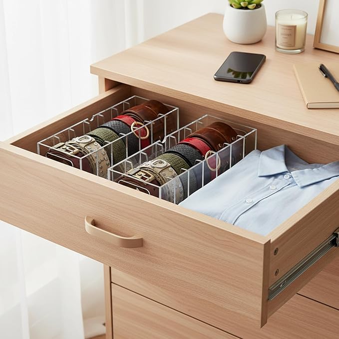 1 PCS Acrylic Belt Organizer, 7 Grids Belt Storage Organizer for Drawer with Lid and Handle Tie Holder Tabletop and Wall Mounted Tie Storage for Bedrooms and Dressing Rooms