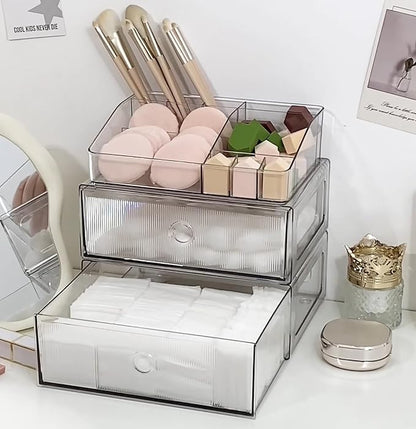 5-Tiers Makeup Organizer with Drawer for Vanity, Stackable Bathroom Storage Box for Beauty Essentials, Skincare Products, Cosmetic Brushes, Perfume Stand, Clear Lipsticks Holder
