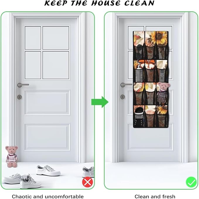 Over the Door Organizer with 12 Pockets, Space Saving Hanging Storage for Bathroom, Pantry, Nursery, Reinforced Hooks,Sunflower Butterfly