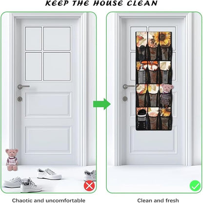 Over the Door Organizer with 12 Pockets, Space Saving Hanging Storage for Bathroom, Pantry, Nursery, Reinforced Hooks,Sunflower Butterfly