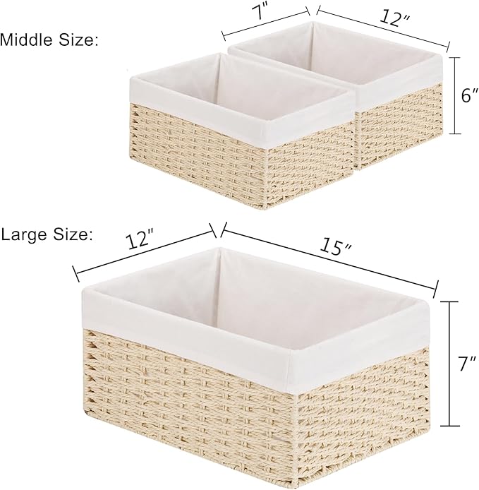 Vagusicc Wicker Basket, Set of 3 Hand-woven Storage Baskets for Organizing, Decorative Bathroom Wicker Storage Basket Bins with Handles, Small Toilet Paper Storage Baskets for Shelves & Decor, Beige
