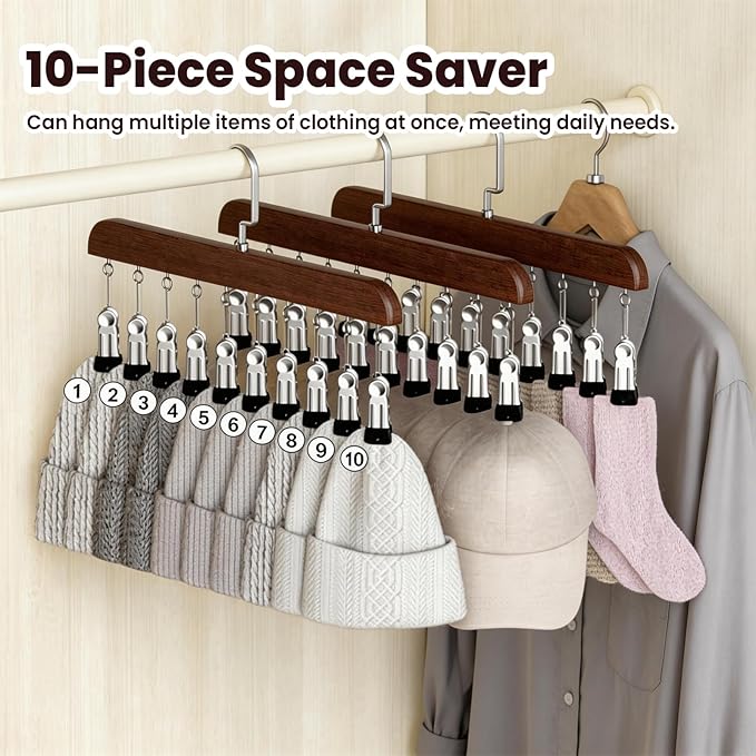 Closet Organizer with 10 Clips, Space Saving Hanging Closet Organizer, Space-Saving Closet Organizers and Storage with Sturdy Steel Non-Slip Clips (1, Natural Wood+Vintage)