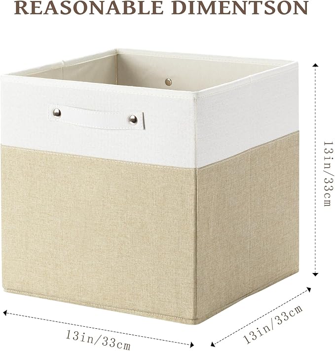 FinishingBo 13 x 13 Inch Fine Linen Storage Bins with Handles，Fabric Cube Boxs，Basket Organizers for Shelves for Home, Closet Drawers (White/Khaki-4 Pack)
