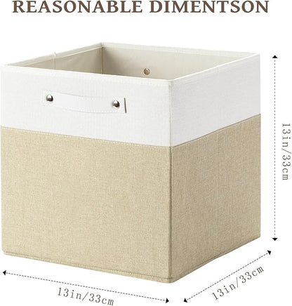 FinishingBo 13 x 13 Inch Fine Linen Storage Bins with Handles，Fabric Cube Boxs，Basket Organizers for Shelves for Home, Closet Drawers (White/Khaki-4 Pack)