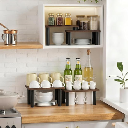 Cabinet Organizer Shelf, 2 Tier Countertop Spice Rack for Kitchen Counter, Seasoning Organizer with Wood-Grain Shelves, Kitchen Countertop Organizer for Spices, Sauces and Small Items (4 Pcs, Brown)