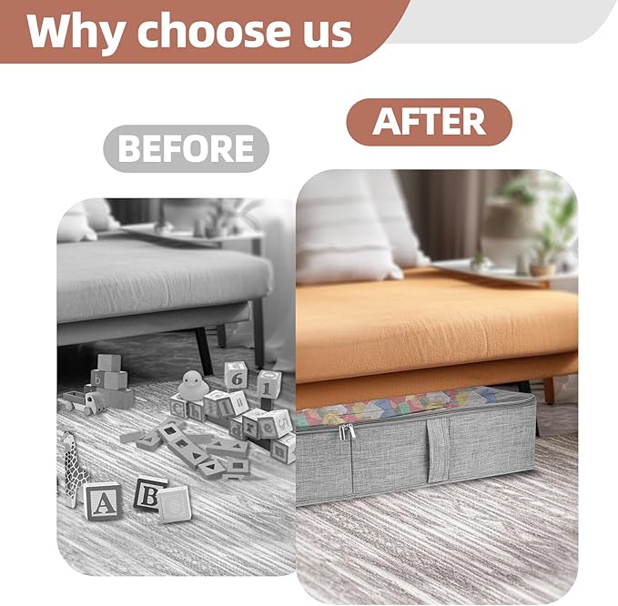 2-Pack Under Bed Toy Storage Boxes, Grey Toy Organizer with Clear PVC Lid, Foldable Under Couch Storage Bins (31.8×16×5.9in), Toys Storage Containers for Plush Dolls, Books, Clothes, Shoes & Blankets