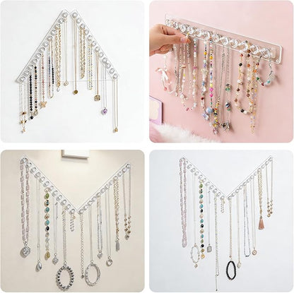 2Pcs Acrylic Necklaces Holder Hanging Jewelry Organizer Wall Mounted Necklace Hangers with 12 Hooks,Clear Jewelry Hangers for Necklace Organizer for Women Necklace Hooks for Wall