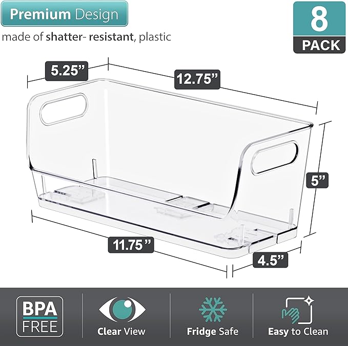 Sorbus Stackable Storage Bins Open Front, Clear Stackable Storage Bins, Pantry Bins for Storage and Organization, Acrylic Stackable Bins for Kitchen, Clear Pantry Organizer Bins (Small Narrow 8 Pack)