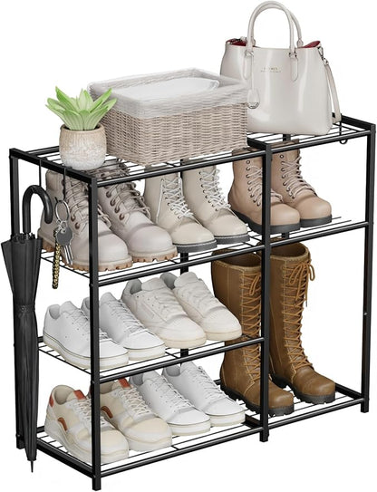 4-Tier Metal Shoe Rack for Entryway Closet, Heavy Duty Metal Shoe Organizer Storage Shelf with Tall Boot Space, Space Saving Free Standing Shoe Tower for Garage Bedroom Hallway, Black