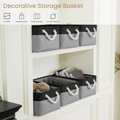 Storage Baskets for Shelves 13.8x9.8x6.7 Inch, Foldable Fabric Storage Bins with Handles, Small Storage Baskets for Organizing Closet, Office, Home Organization (1-Pack, Black&Gray)