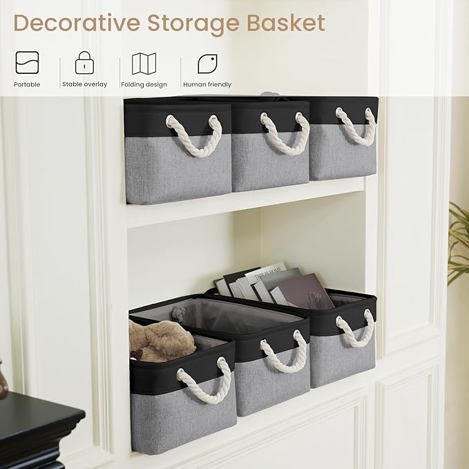Storage Baskets for Shelves 13.8x9.8x6.7 Inch, Foldable Fabric Storage Bins with Handles, Small Storage Baskets for Organizing Closet, Office, Home Organization (6-Pack, Black&Gray)
