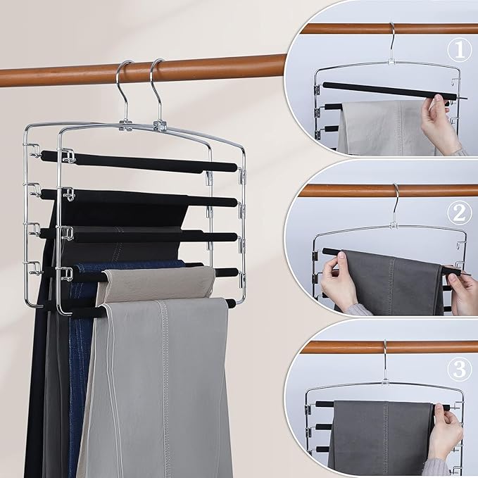 5-Tier Pants Hanger 2 Pack, Closet Organizer Space Saving Hanging Storage for Jeans, Trousers, Skirts, Dresses, Scarves (2-Pack)