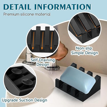 Self Draining Silicone Soap Dish with Suction Cups - Non-Slip Bar Soap Holder for Shower & Kitchen, Waterfall Tray Keeps Soap Dry, Easy Clean, Extends Soap Life (Black, 1 Pack)