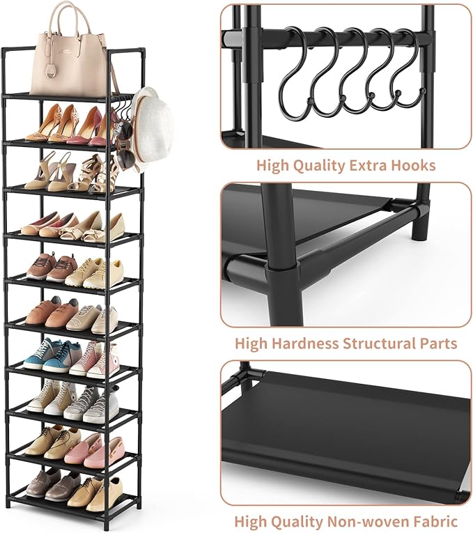 LANTEFUL 10 Tiers Tall Shoe Rack 20-25 Pairs Boots Organizer Storage Sturdy Narrow Shoe Shelf for Entryway, Closets with Hooks, Black