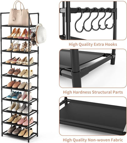 LANTEFUL 10 Tiers Tall Shoe Rack 20-25 Pairs Boots Organizer Storage Sturdy Narrow Shoe Shelf for Entryway, Closets with Hooks, Black