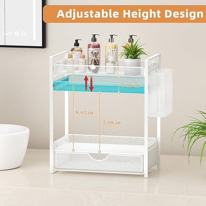 VITVITI 2 Tier Bathroom Organizer Countertop with Drawer, Metal Mesh Bathroom Counter Vanity Organizer Storage, Bath Room Shelf Sink Kitchen Spice Rack with Basket Hooks, White
