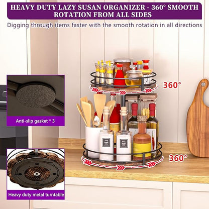 Heavy-Duty 2-Tier Lazy Susan Organizer, Adjustable to Different Heights, Countertop Spice Rack, Upgraded Thickened Wooden Board, Suitable for Seasoning Organizer, Kitchen Organization