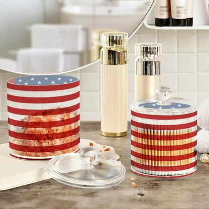 DOMIKING American Usa Flag 2 Pack Bathroom Canisters Cotton Swab Holder Dispenser Plastic Cotton Ball Jar Acrylic Storage Containers for Cotton Ball Cotton Round Pads Cotton Swab