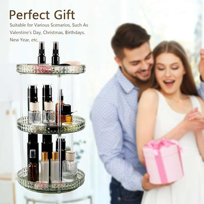 360 Clear Rotating Makeup Organize for Vanity,3 Tiers Lazy Susan with Diamond Pattern, Large-Capacity Skincare Organizers Cosmetic Display Case Organizer for Dresser (Vintage Green, 3Tiers)