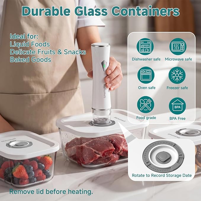Mehomeli Compact Vacuum Sealer for Food (Vacuum Sealer Machine+3 Glass Vacuum Containers+30 Reusable Vacuum Bags),Powerful Handheld Vacuum Seal Machine,Seal Meal Saver,Portable Food Sealer,Easy-Clean