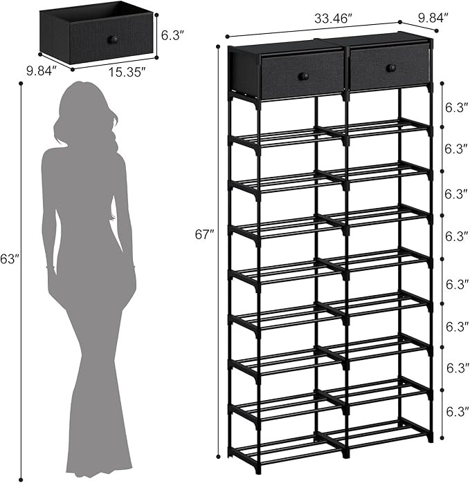 Tall Shoe Rack, 10 Tier Shoe Rack Organizer with 2 Large Drawers, Shoe Storage for 36-40 Pairs, Sturdy Metal Shoe Shelf Shoe Stand for Closet Entryway, Black Grey