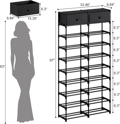 Tall Shoe Rack, 10 Tier Shoe Rack Organizer with 2 Large Drawers, Shoe Storage for 36-40 Pairs, Sturdy Metal Shoe Shelf Shoe Stand for Closet Entryway, Black Grey