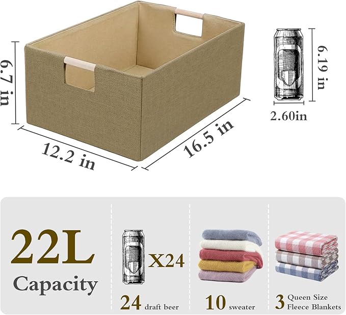 Foldable Fabric Storage Cubes, 2 Packs Cloth Storage Baskets with Wooden Handles, Collapsible Shelf Closet Organizer Bins, Rectangular Storage Boxes for Decor (Coffee Color 2 Pack)