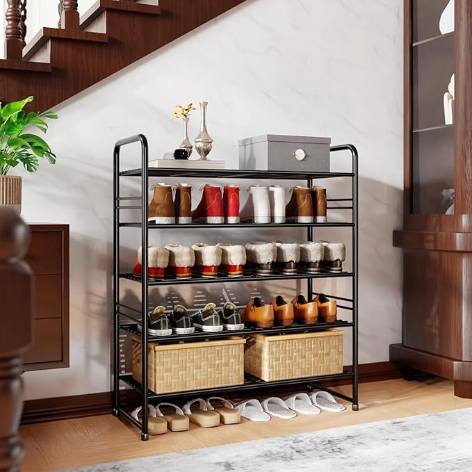 Standard Shoe Rack 5-Tier 32.5 Inches Wide, Free Standing Shoe Organizer for Indoor Outdoor | Adjustable Heavy-Duty Metal Shelf Ideal for Home Entryway Closet & Garage Balcony | Black