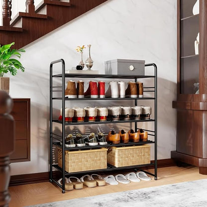 Standard Shoe Rack 5-Tier 32.5 Inches Wide, Free Standing Shoe Organizer for Indoor Outdoor | Adjustable Heavy-Duty Metal Shelf Ideal for Home Entryway Closet & Garage Balcony | Black