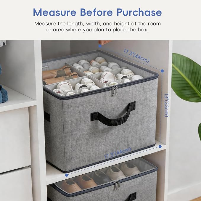 Adjustable Dividers Shoe Organizer Box 2 Pack – Clear Cover Shoe Storage Organizer for Closet, Holds 16-32 Pairs, Breathable Fabric, Foldable, Stackable, Perfect for Boots Sneakers Heels