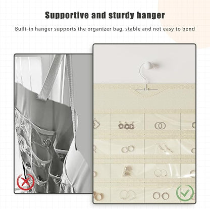 1 Pack Hanging Jewelry Organizer 80-Pocket Dual-sided Jewelry Storage for Earring Necklace Bracelet Ring Travel Holder, Beige