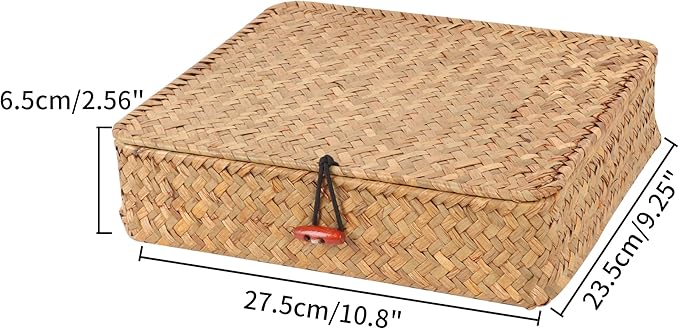 Moosky Flat Wicker Shelf Baskets with Lid, Seagrass Woven Basket Boxes for Storage Basket Bins Multipurpose Home Decor Organizer (Natural Small)