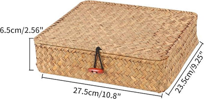Moosky Flat Wicker Shelf Baskets with Lid, Seagrass Woven Basket Boxes for Storage Basket Bins Multipurpose Home Decor Organizer (Natural Small)