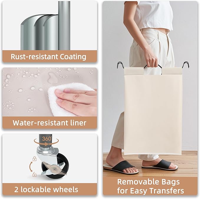 STORAGE MANIAC 5 Section Laundry Sorter, 5 Bins Rolling Separator Laundry Basket, Dirty Clothes Hamper Divider with Heavy Duty Rolling Lockable Wheels, Large Clothes Organizer Cart, Beige