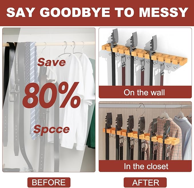Belt Hanger for Closet Max 42 Belts, 2-in-1 Wall Mount Belt Organizer with 360° Rotating Hooks, Wooden Tie and Belt Rack for Closet Accessories Organizers and Storage, 12+11 Storage