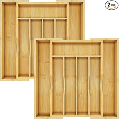 BAMBUROBA Bamboo Kitchen Drawer Organizer,Expandable Silverware Organizer,2 Pack Utensil Holder and Cutlery Tray with 7 Slots,Gadgets Storage Divider,Natural