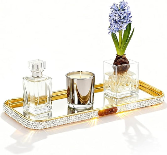 Bathroom Gold Tray Jewelry Perfume Makeup Organizer Decorative Tray for Vanity, Dresser, Bathroom, Bedroom Entrance Hall, Living Room(11.8IN White)
