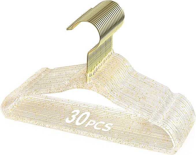 VIS'V Baby Hangers, 11 Inch Acrylic Kids Glitter Hangers for Infant Toddler Nursery Closet Clothes Organization, Gold, 30 Pcs