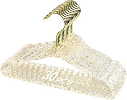 VIS'V Baby Hangers, 11 Inch Acrylic Kids Glitter Hangers for Infant Toddler Nursery Closet Clothes Organization, Gold, 30 Pcs