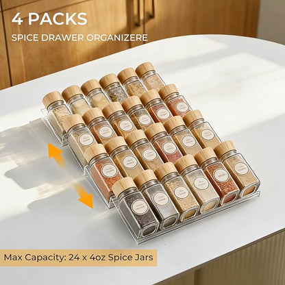UFORU Acrylic Spice Drawer Organizer 4 Tier(4 Packs), Expandable from 11" to 22" Seasoning Organizer Tray for Kitchen - Clear Tiered Spice Rack for Drawer, No Assembly Required(Jars Not Included)
