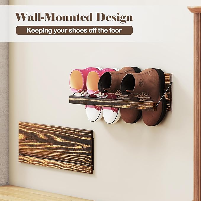 Nisorpa 20 Inches Wall Mounted Shoe Rack, Rustic Burnt Wood Wall Shoe Rack Mounted Slim, and Small Space Saving Shoe Storage Solution for Shoes in Narrow Spaces, Entryways, or Hallways, 2 Pack