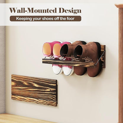 Nisorpa 20 Inches Wall Mounted Shoe Rack, Rustic Burnt Wood Wall Shoe Rack Mounted Slim, and Small Space Saving Shoe Storage Solution for Shoes in Narrow Spaces, Entryways, or Hallways, 2 Pack