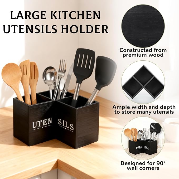 Kitchen Utensils Holder with 3 Compartments,Corner Utensil Caddy,Wooden Utensil Organizer for Countertop, Farmhouse Decor